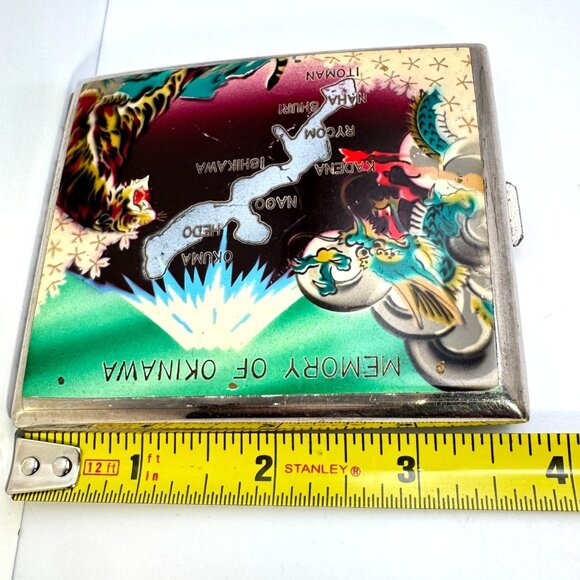 Enamel Cigarette Case Memory Of Okinawa Japan Map 3.75" Silver Tone Vintage - Picture 2 of 10